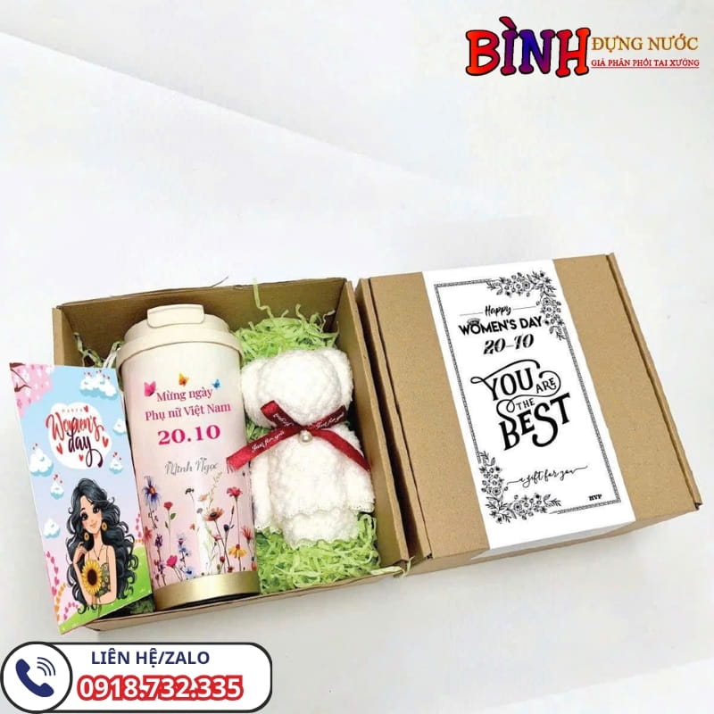 Set quà tặng 20/10 giá rẻ gồm ly giữ nhiệt màu hồng trắng in theo yêu cầu và khăn mặt con gấu