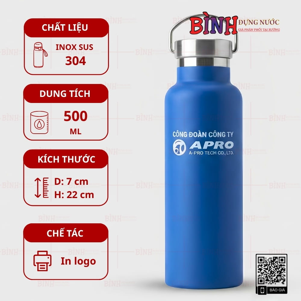 Bình giữ nhiệt Công đoàn APRO có quai 500ml màu xanh dương in logo