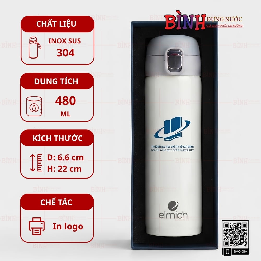 Bình giữ nhiệt 480ml in logo Trường Đại học Mở TP.HCM màu trắng nắp bật
