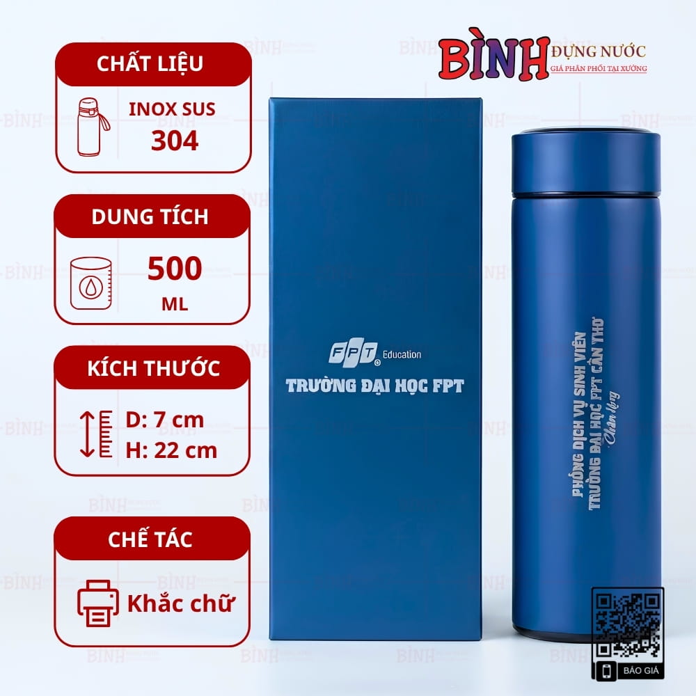 Bình giữ nhiệt 500ml khắc logo Trường Đại học FPT Cần Thơ màu xanh dương