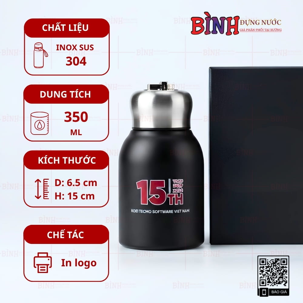 Bình giữ nhiệt kỷ niệm 15 năm thành lập công ty 350ml màu đen in logo