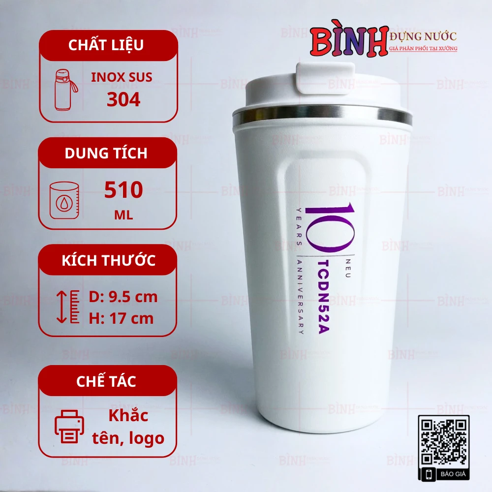 Sản phẩm sở hữu dung tích 510ml in logo kỷ niệm 10 năm, thiết kế hiện đại và bền đẹp.