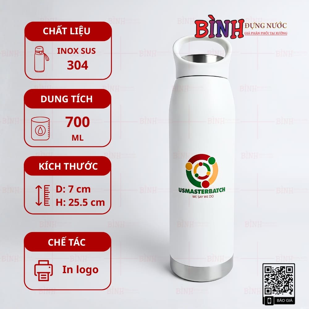 Bình giữ nhiệt 700ml màu trắng in logo thương hiệu