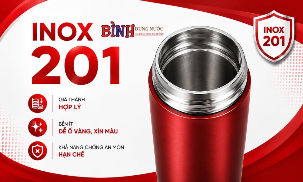 Bình inox SUS 201 với thiết kế đơn giản, phù hợp cho nhu cầu sử dụng cơ bản