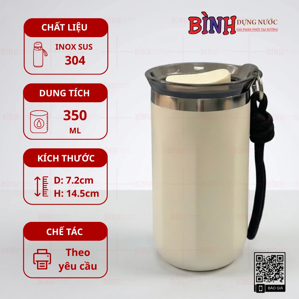 Viền cổ miệng inox, nắp trong suốt và quai xách dây dù, thiết kế nhỏ gọn, tiện lợi.