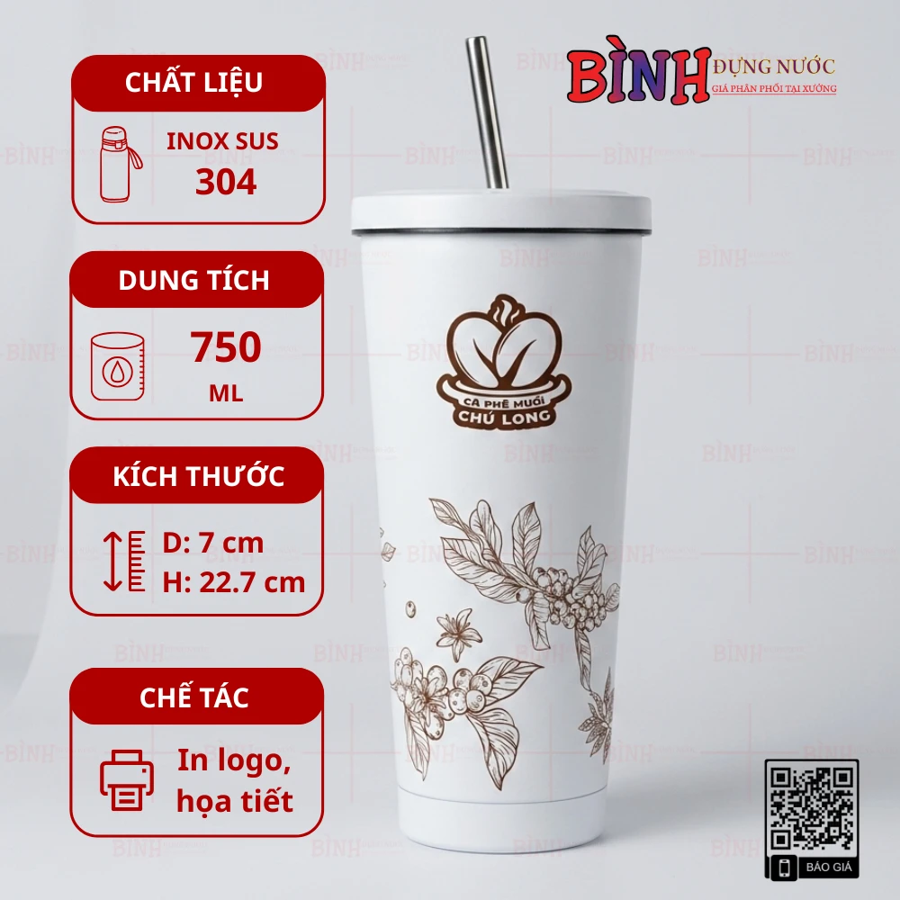 Sản phẩm in họa tiết cà phê, kèm ống hút inox, thiết kế hiện đại và giữ nhiệt hiệu quả.