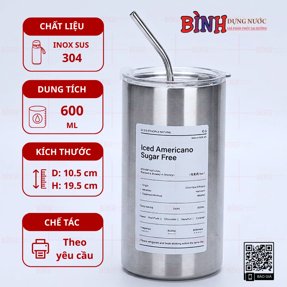 Nắp trong suốt có nút đậy, đi kèm ống hút inox cong và hỗ trợ in logo theo yêu cầu.