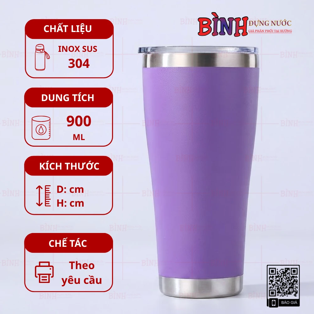 Ly Giữ Nhiệt Thời Trang 900ml Inox 304 Viền Kim Loại Có Ống Hút