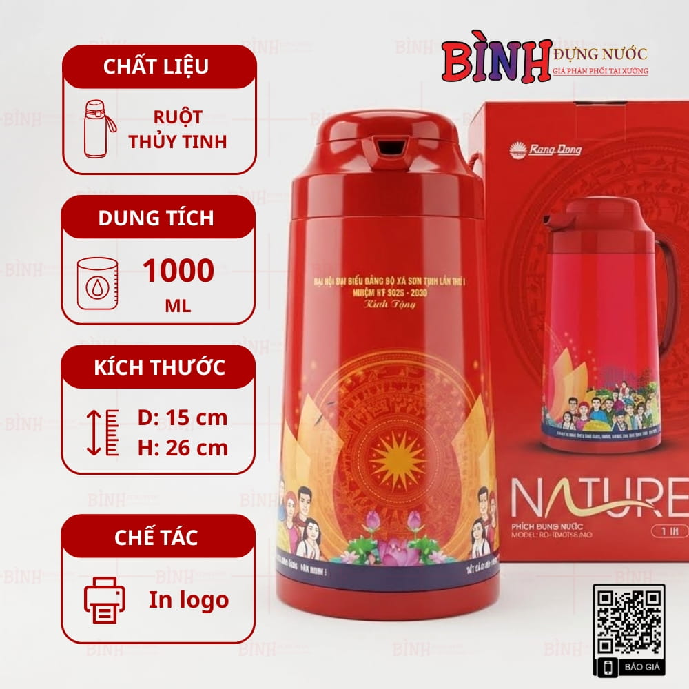Phích giữ nhiệt 1L màu đỏ in logo Đại hội Đảng bộ xã Sơn Tịnh
