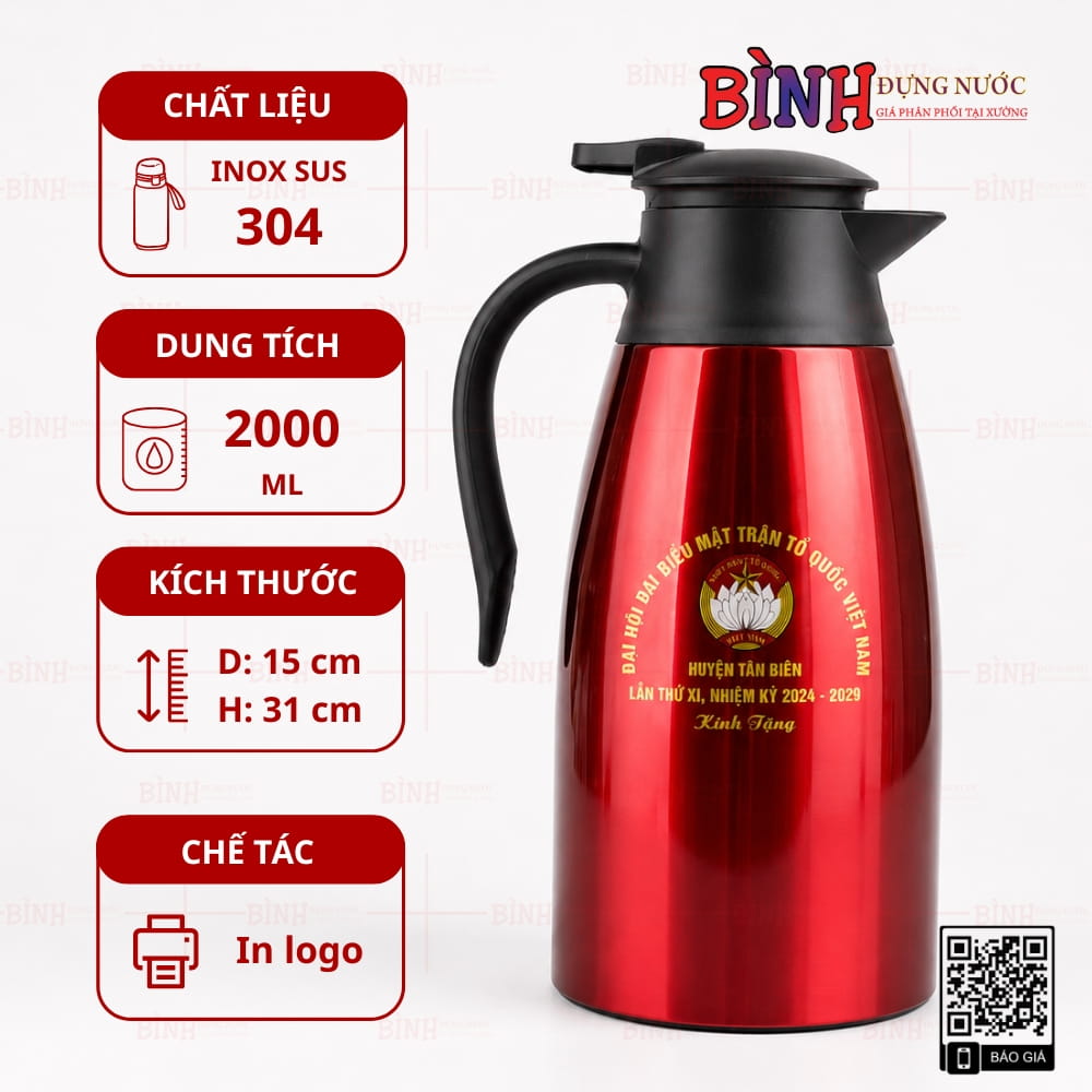 Phích giữ nhiệt 2L in logo MTTQ huyện Tân Biên, dung tích lớn, giữ nhiệt bền bỉ
