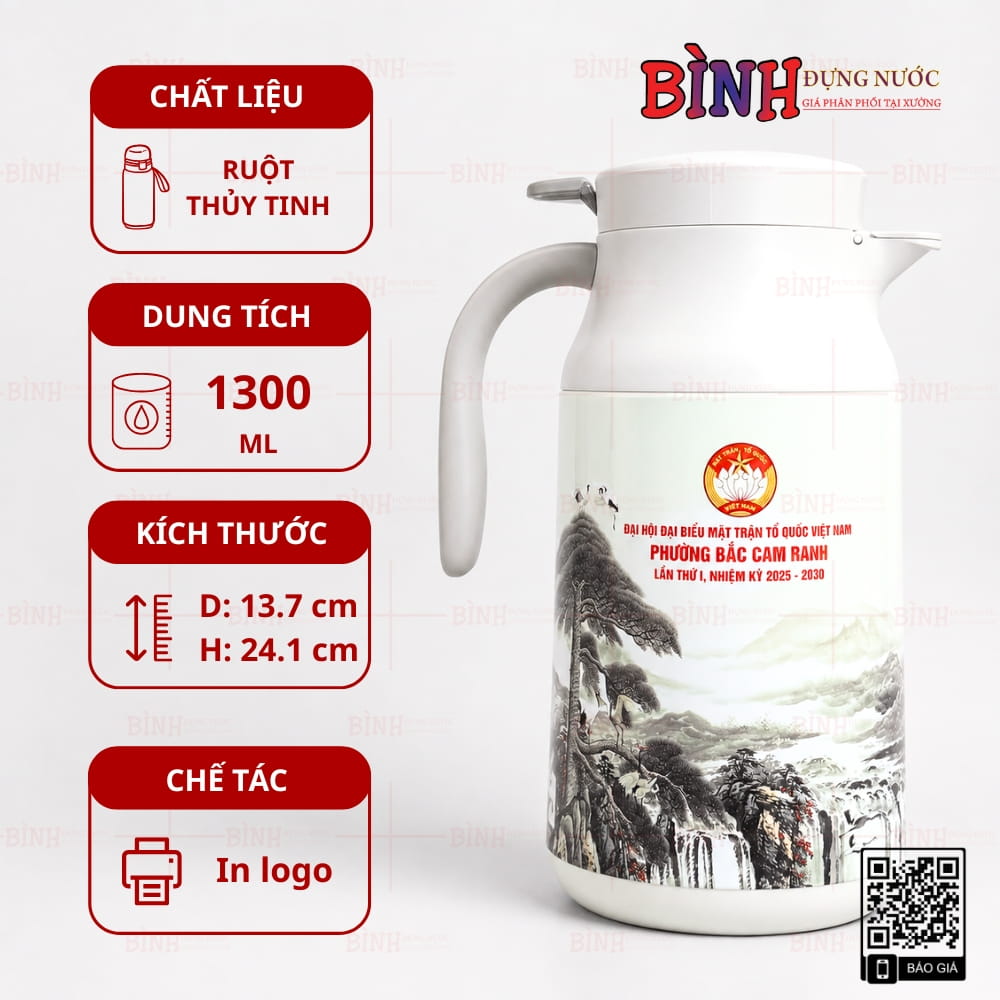 Phích giữ nhiệt 1300ml in logo Đại hội MTTQ phường Bắc Cam Ranh