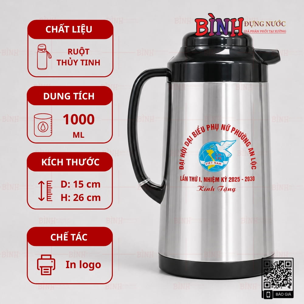 Phích giữ nhiệt Rạng Đông dung tích 1 lít kiểu phích lùn in logo Đại hội Công đoàn xã Dương Xuân Hội, phù hợp làm quà tặng đại biểu và khách mời.