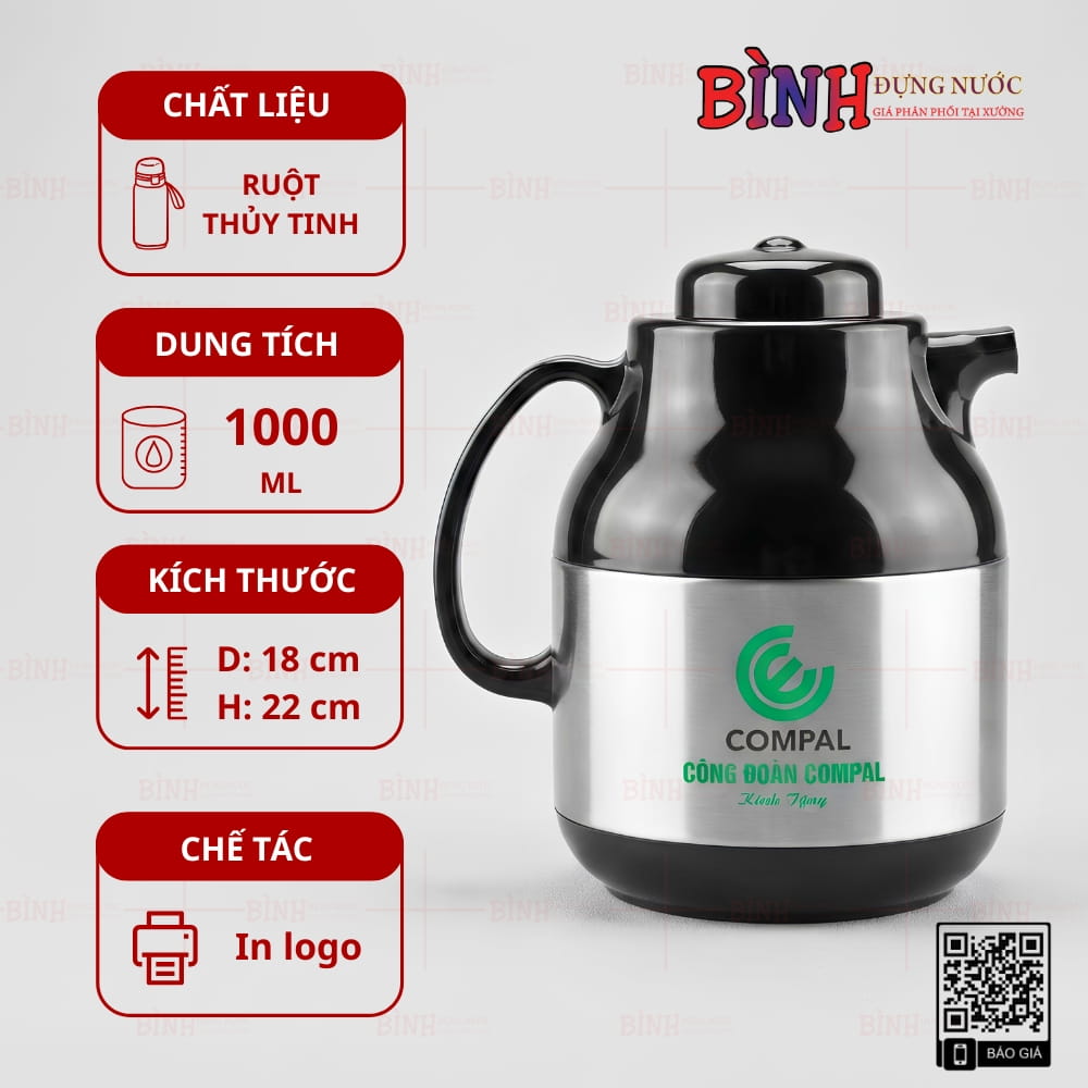 Phích giữ nhiệt inox 1 lít in logo Công đoàn Compal, quà tặng doanh nghiệp thiết thực, giữ nhiệt lâu.