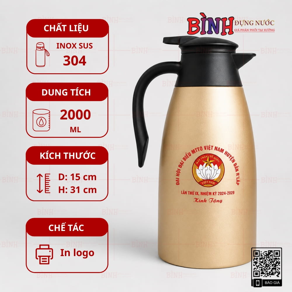Phích giữ nhiệt dung tích 2 lít in logo Đại hội Mặt trận Tổ quốc huyện Đắk R'Lấp