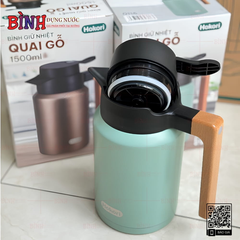 Phích giữ nhiệt inox quai gỗ 1500ml