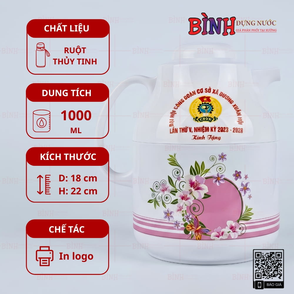Phích giữ nhiệt 1L Rạng Đông in logo Đại hội Công đoàn xã Dương Xuân Hội