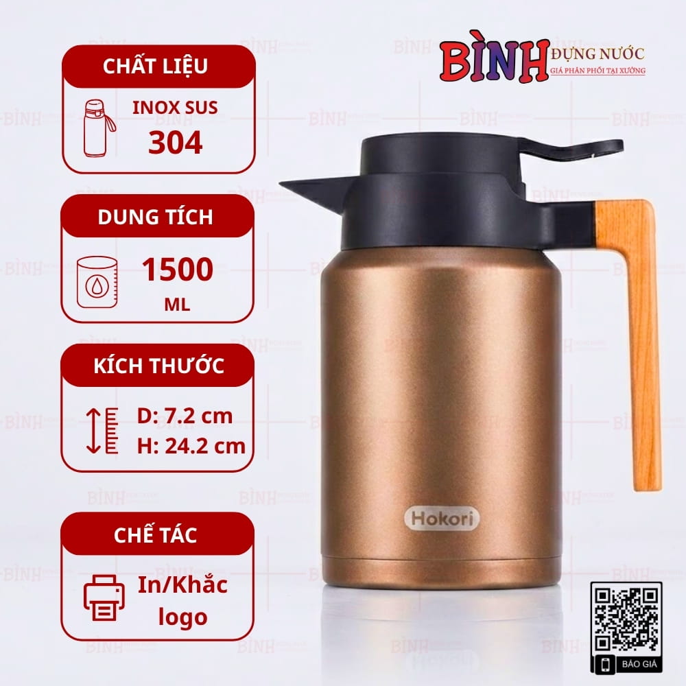 Phích giữ nhiệt quai gỗ dung tích 1500ml