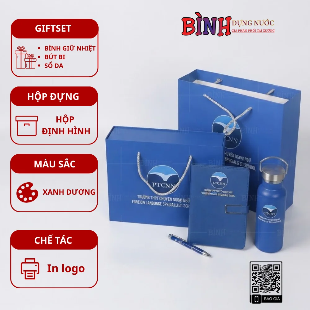 Set quà tặng bình sổ bút màu xanh dương in logo Trường THPT Chuyên Ngoại Ngữ, giải pháp quà tặng chuyên nghiệp và ý nghĩa.