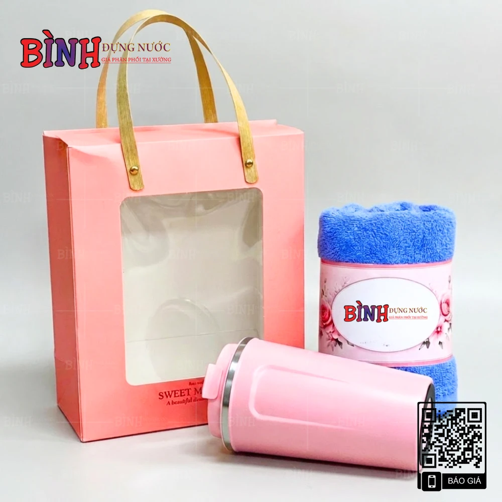 Set quà tặng thể thao ly giữ nhiệt và khăn lau đầu với cách đóng gói đẹp mắt, chuyên nghiệp.