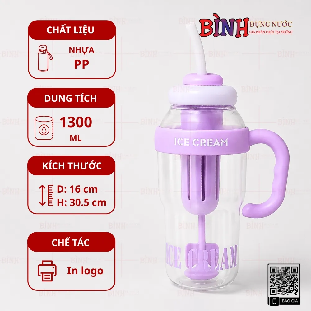 Bình đựng nước 1300ml kèm ống hút