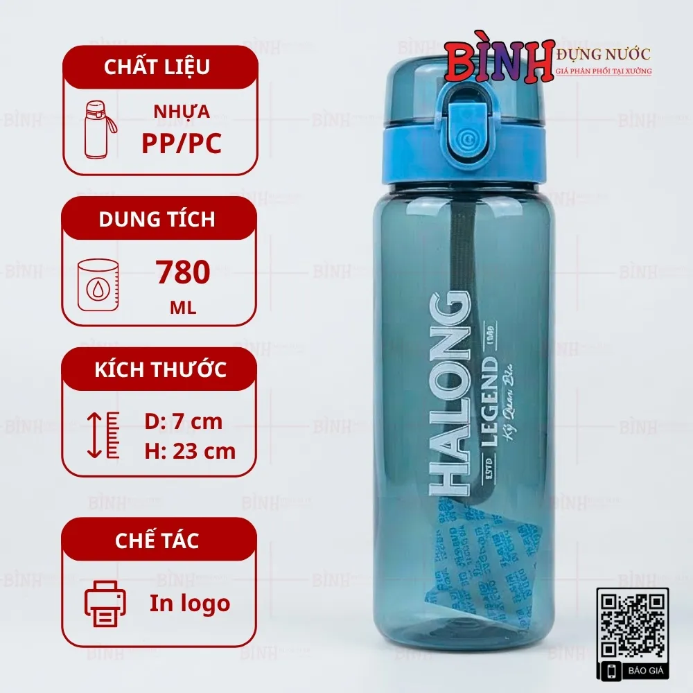 Bình đựng nước 780ml màu xanh dương in logo Bia Hạ Long