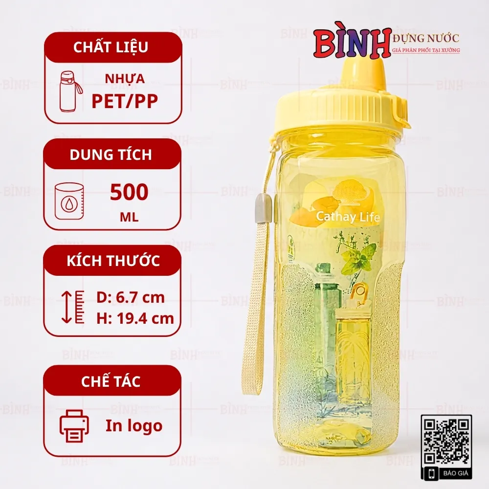 Bình nhựa 500ml màu vàng in logo Cathay Life