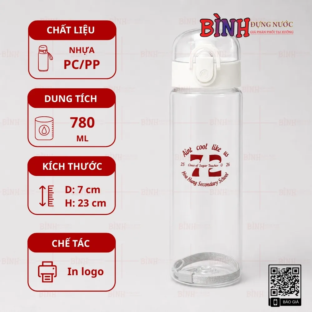 Bình nước nhựa 780ml màu trắng