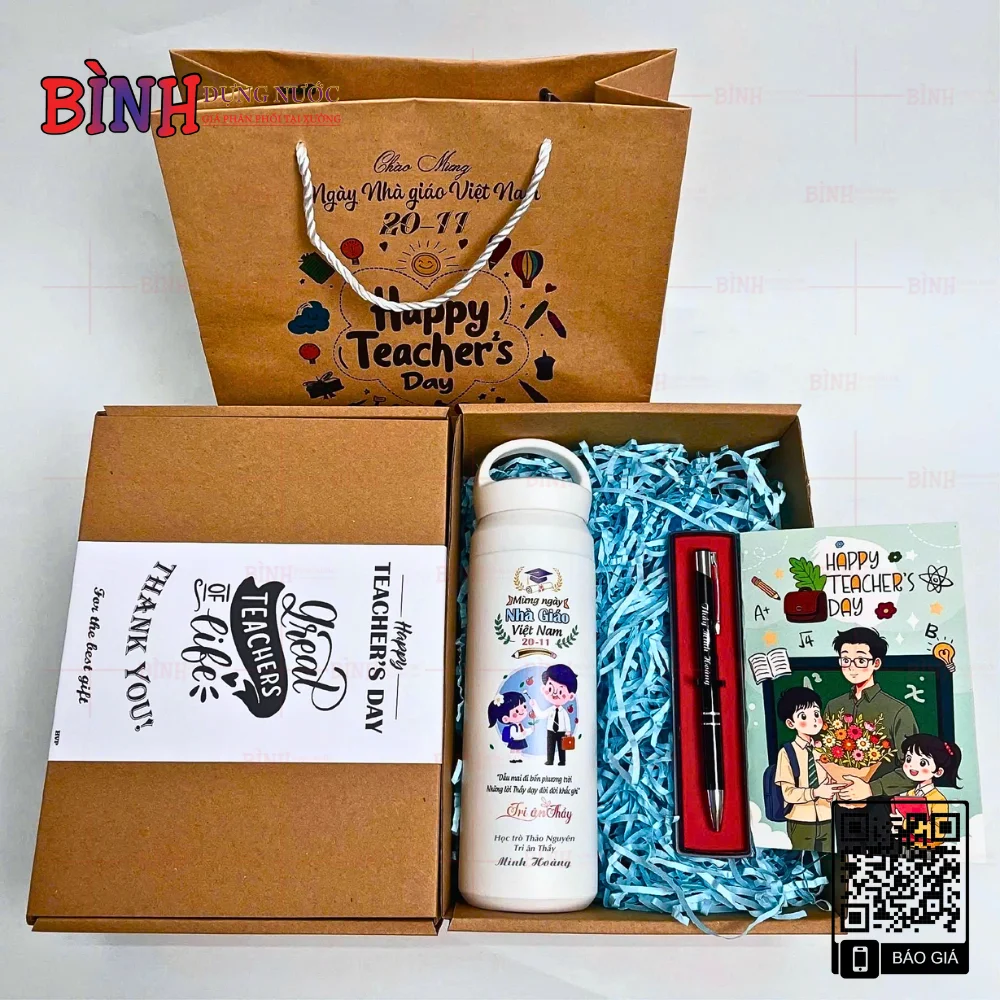 Giftset 20/11 bình quai xách bút ký khắc tên tặng thầy cô