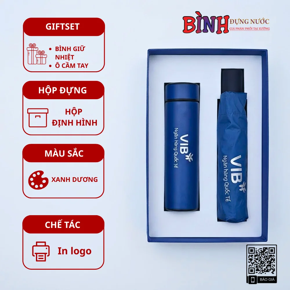 Giftset Bình Giữ Nhiệt & Ô Cầm Tay In Logo Ngân Hàng VIB