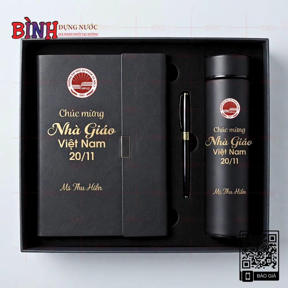 Set quà tặng gồm 3 món là bình giữ nhiệt, sổ da và bút ký đồng bộ màu đen cao cấp